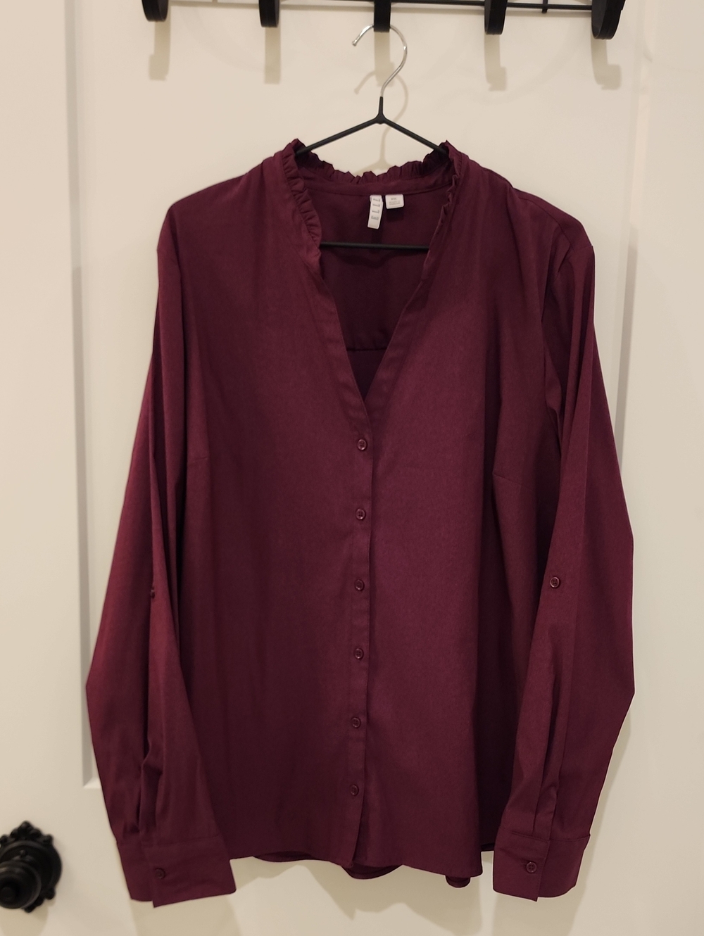 Elle Wine Button-Front Ruffle Neck Blouse